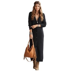 Kendall & Kylie Black Metallic V Neck Long Sweater Dress Cardigan Medium